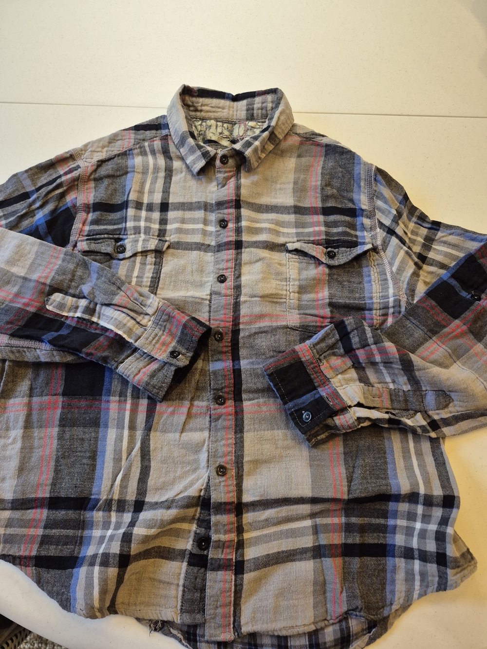 Seven7 Men's Plaid Button-Down Shirt - Gray, Black & Red Accent